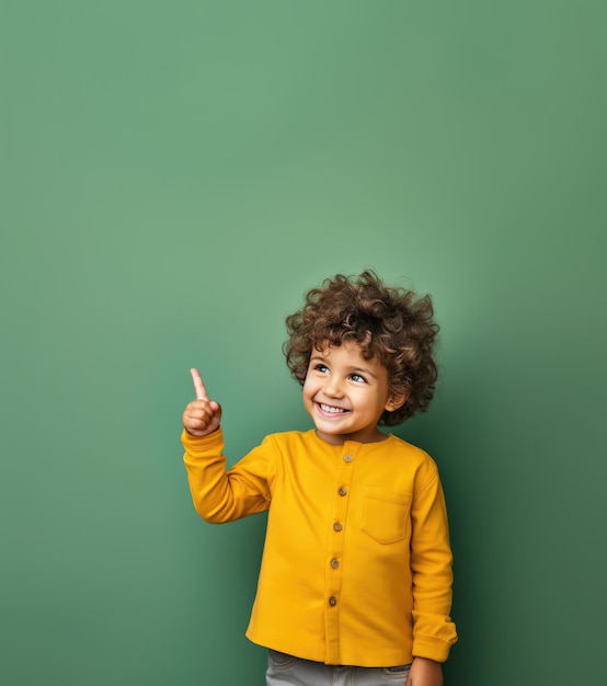 Niño pequeño apuntando hacia arriba con fondo verde minimalista y espacio de copia