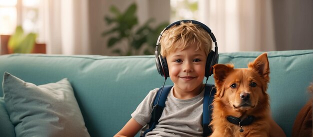 niño pequeño con auriculares con un perro en la habitación