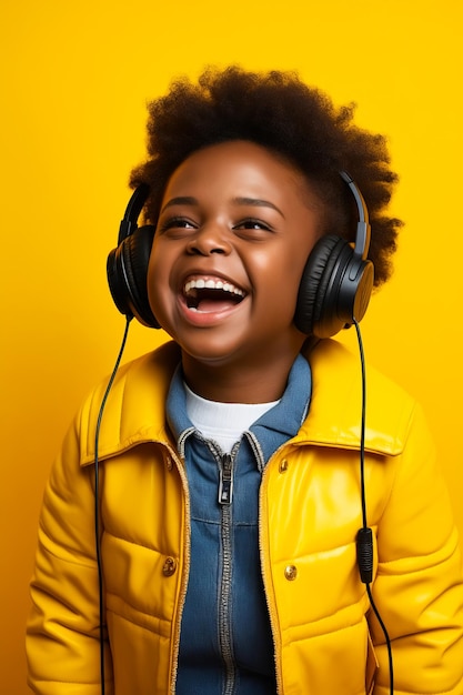 Niño pequeño con auriculares y sonriendo con fondo amarillo IA generativa