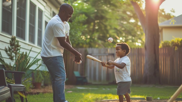 Un niño pequeño balanceando un bate de béisbol en un patio trasero soleado con un adulto alentándolo