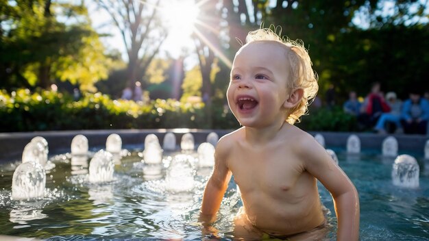 Niño pequeño bañándose en el parque