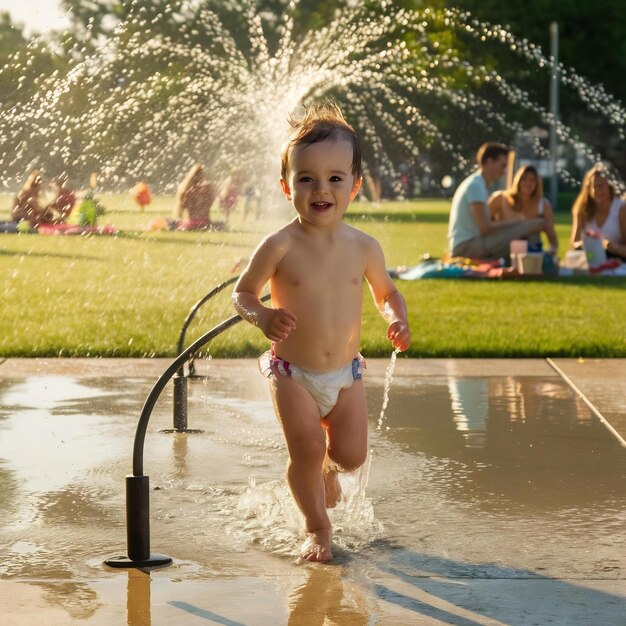 Foto niño pequeño bañándose en el parque