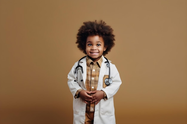 Un niño pequeño con una bata de laboratorio y un estetoscopio en el cuello se para frente a un fondo marrón.