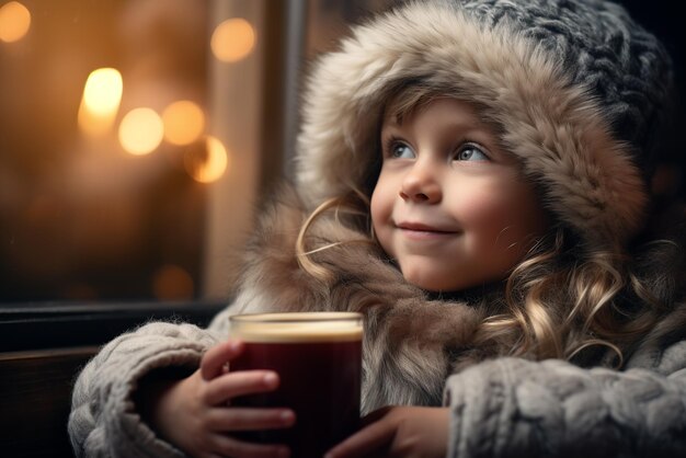 Niño pequeño bebiendo una bebida caliente mirando por la ventana