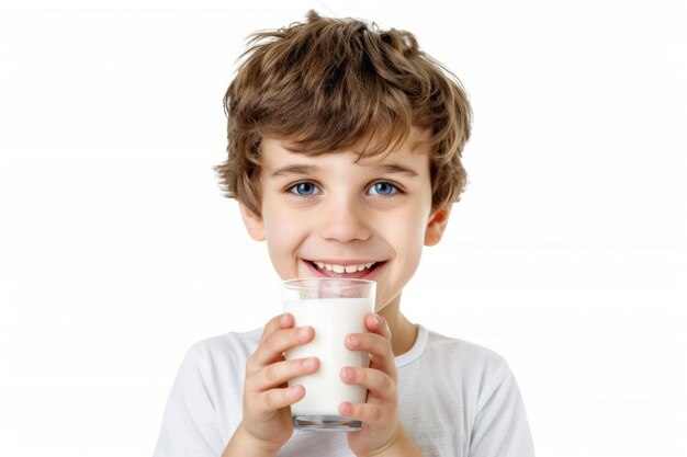 niño pequeño bebiendo leche aislado en un fondo blanco