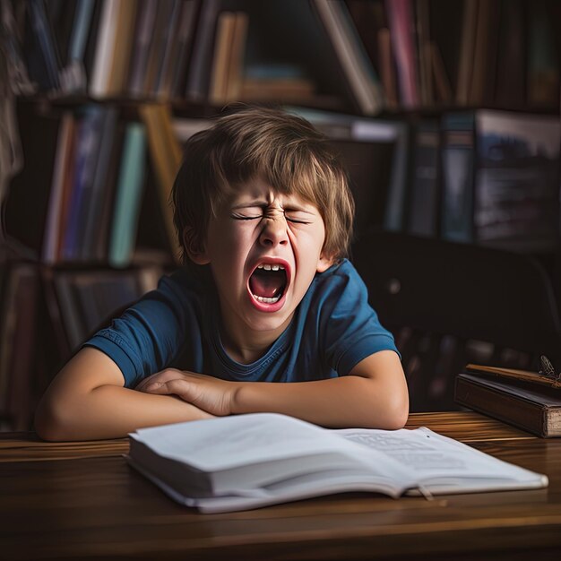 Foto un niño pequeño con la boca abierta y un libro en la mesa