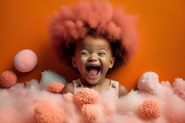 Niño pequeño con cabello afro rosado riéndose a carcajadas generado por IA