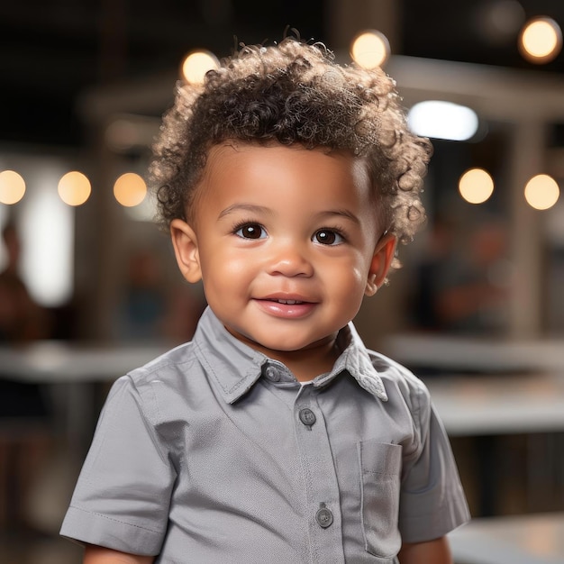 Niño pequeño con cabello negro en una camisa gris con colorido vibrante