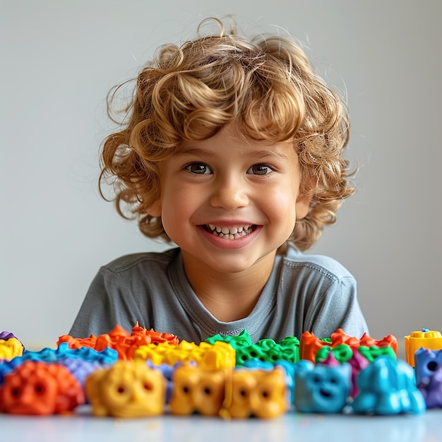 un niño pequeño con cabello rizado y una camisa gris está jugando con letras coloridas