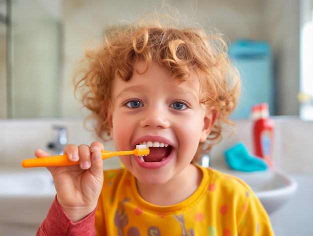 un niño pequeño con el cabello rizado cepillándose los dientes