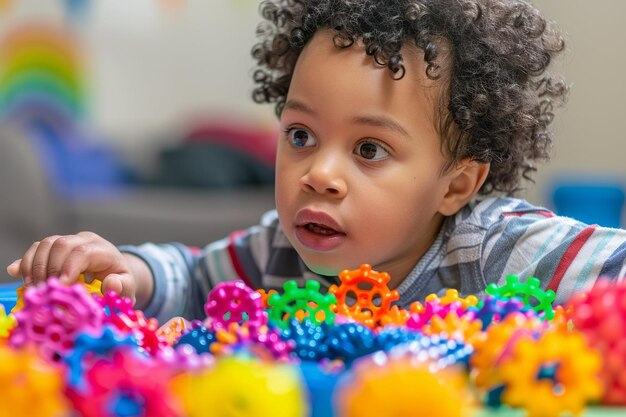 Niño pequeño con el cabello rizado jugando con coloridos juguetes de plástico entrelazados enfocado y expresión curiosa