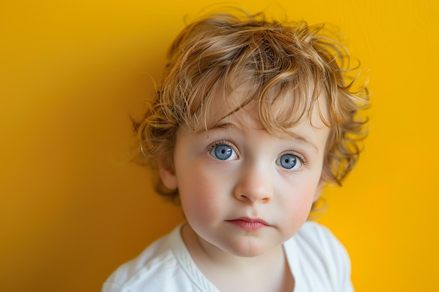 un niño pequeño con cabello rubio y una camisa blanca