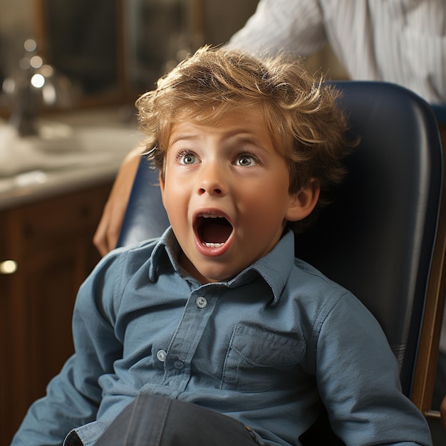 Un niño pequeño con cabello rubio y ojos azules sentado en una silla de dentista con la boca abierta y mirando al dentista en estado de shock.