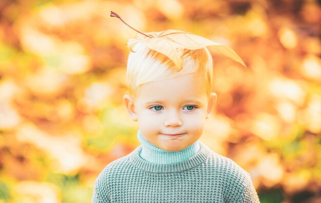 Niño pequeño camina en la naturaleza en otoño un colegial en el parque de otoño en hojas amarillas