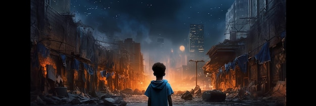 Un niño pequeño camina de noche por una ciudad abandonada IA generativa