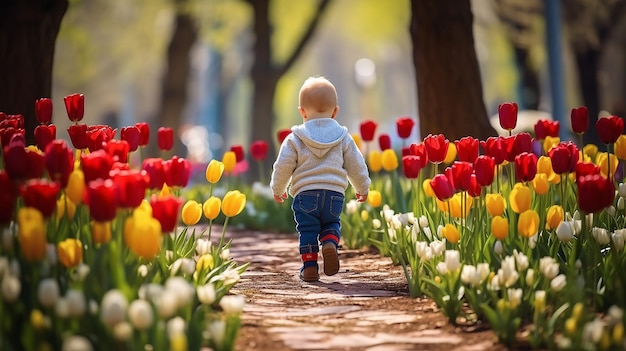 niño pequeño caminando cerca de tulipanes en el macizo de flores en un hermoso día de primavera