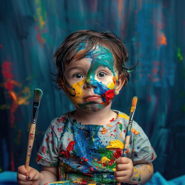 Niño pequeño con la cara pintada sosteniendo pinceles de arte Un niño pequeño con una cara caprichosamente pintada con colores brillantes sostiene pincelos de arte de pie frente a un telón de fondo de pintura salpicado