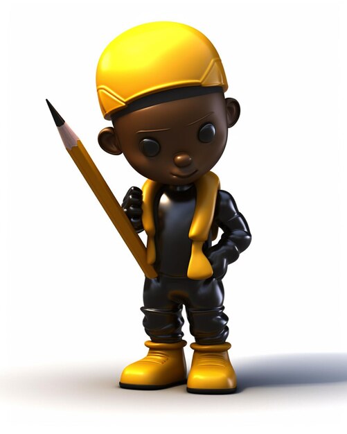 Un niño pequeño con casco amarillo y casco amarillo sostiene un lápiz en la mano.