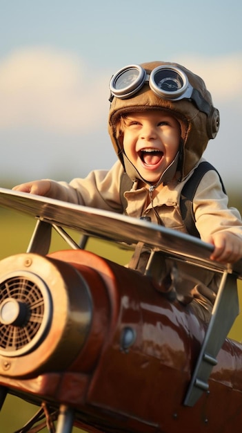 Foto un niño pequeño con casco y gafas viajando en un avión pequeño