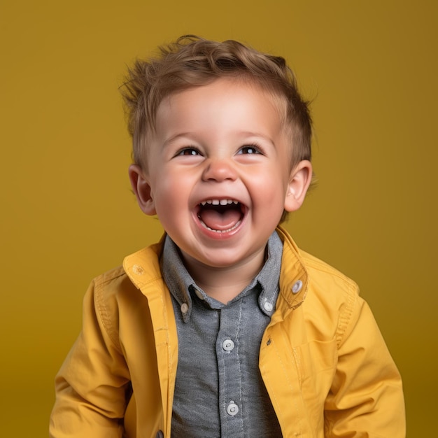 un niño pequeño con una chaqueta amarilla se está riendo