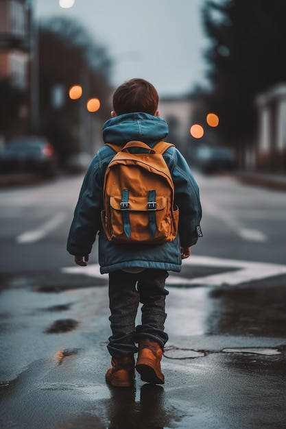 Un niño pequeño con una chaqueta que lleva una mochila.