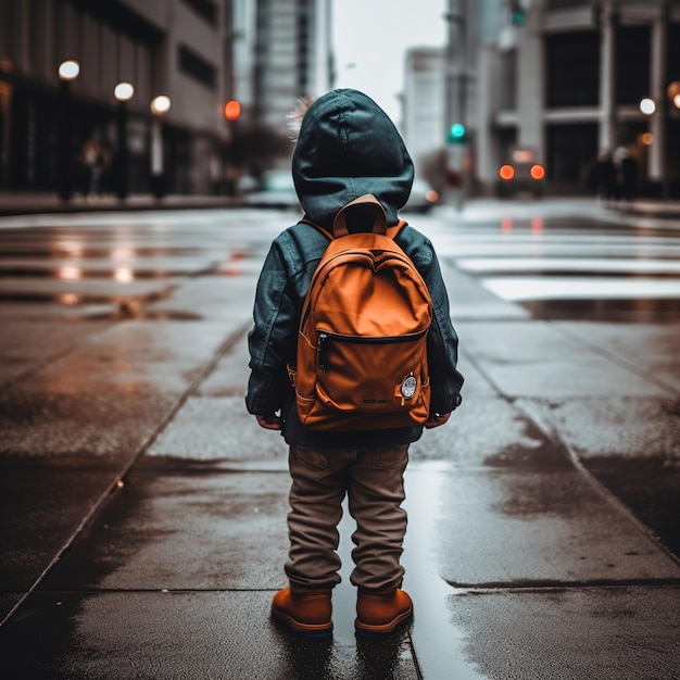 Un niño pequeño con una chaqueta que lleva una mochila.