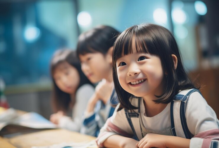 Un niño pequeño de China sonríe estudiando en clase