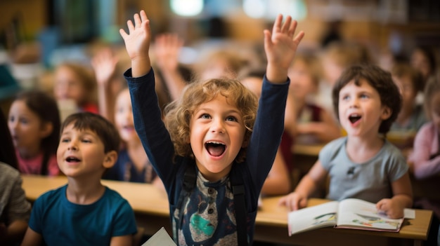 Un niño pequeño en clase con las manos en el aire