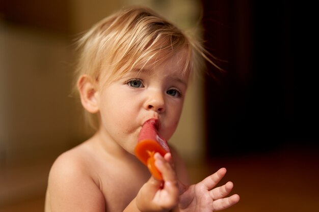 Niño pequeño come helado en un retrato de palo