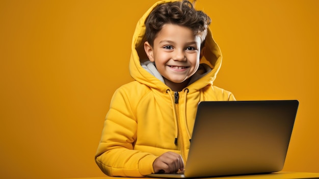 Niño pequeño con una computadora portátil en un fondo amarillo