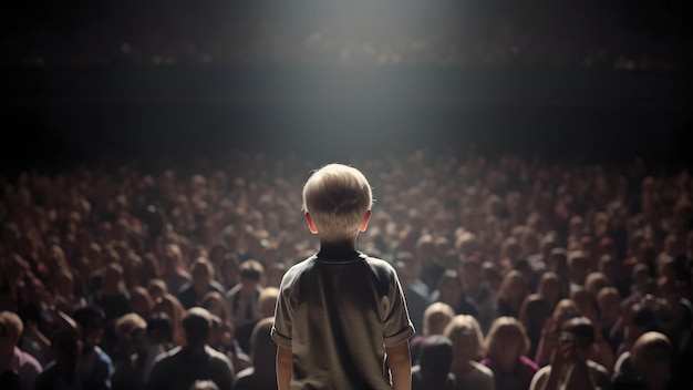 Un niño pequeño da un discurso en el escenario frente a la vista de la multitud de miles de personas desde detrás de la imagen generada por la red neuronal