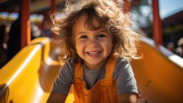 Niño pequeño deslizándose por un tobogán colorido con una gran sonrisa alegre