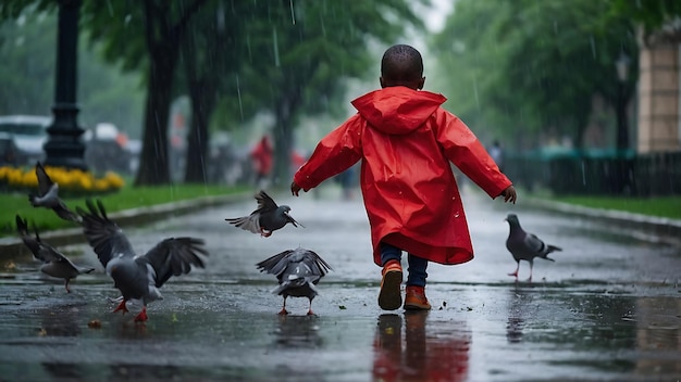 Niño pequeño disfrutando en impermeable con palomas en un día lluvioso