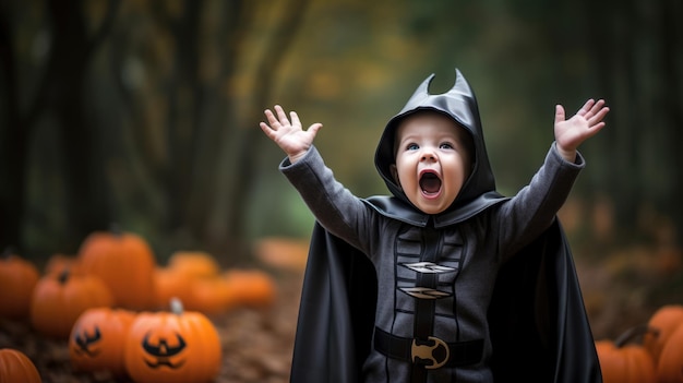 Foto un niño pequeño se divierte en el truco o trato de halloween