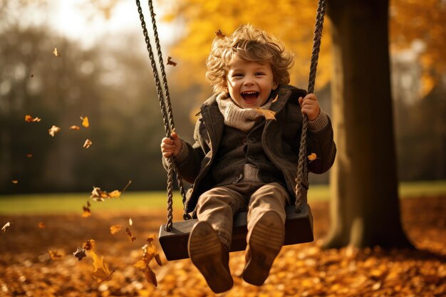 Un niño pequeño divirtiéndose en un columpio en un día de otoño