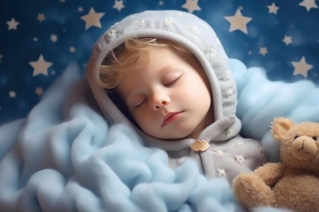 Un niño pequeño duerme entre suaves nubes rodeado de cielo estrellado y paz. IA generativa