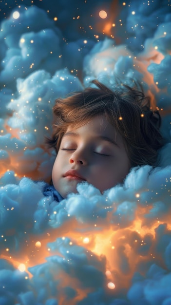 Foto niño pequeño durmiendo en una nube llena de estrellas