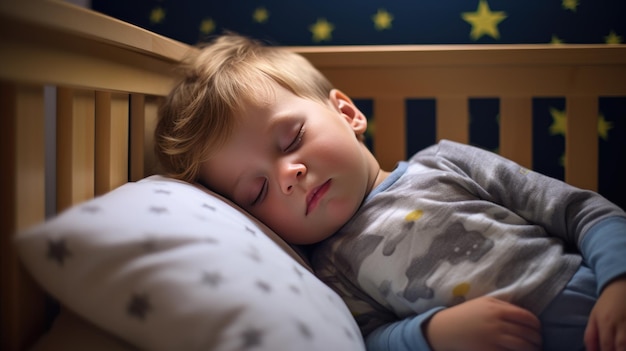 Un niño pequeño durmiendo en su cama.