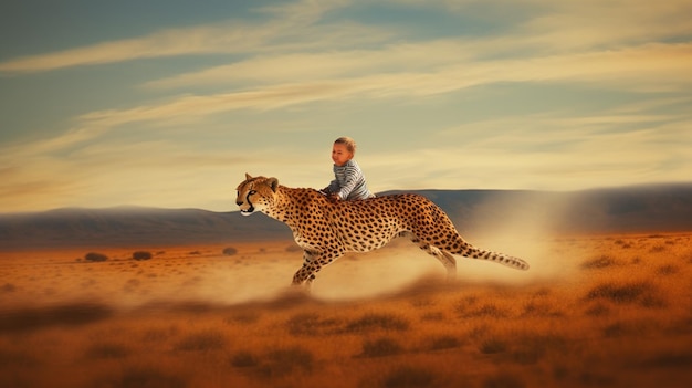 Foto un niño pequeño emocionado por montar en un guepardo que corre a gran velocidad a través de una vasta sabana ia generativa aig27