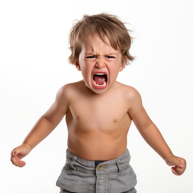 Niño pequeño enojado en fondo blanco Imágenes de alta calidad