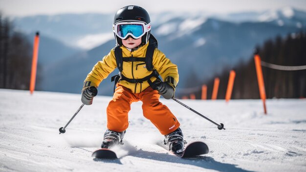 Foto niño pequeño con equipo esquiando cuesta abajo