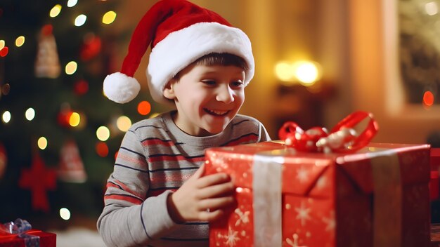 Un niño pequeño es todo sonrisas después de recibir un regalo en Navidad