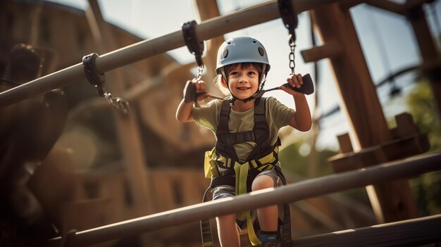 Niño pequeño escalando en un parque de actividades de aventura con casco y equipo de seguridad Imagen sobre la actividad del niño pequeño