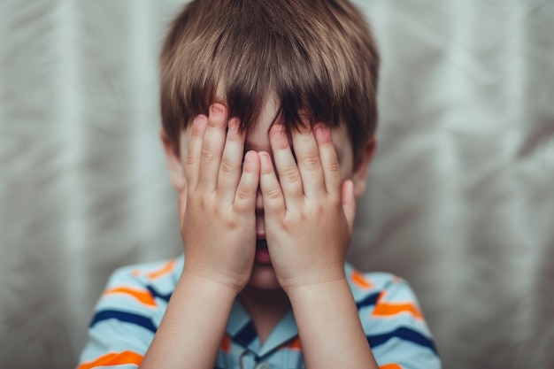 Un niño pequeño esconde su rostro lloroso en sus manos transmitiendo profunda tristeza y vulnerabilidad