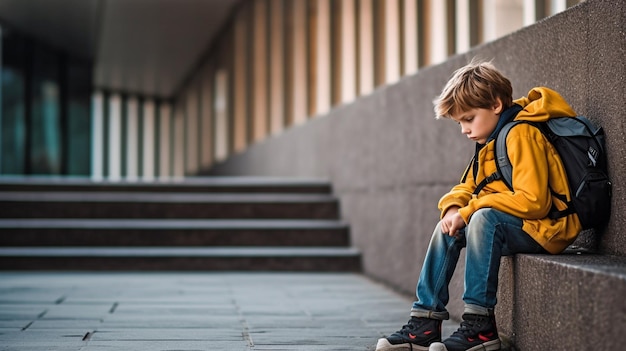 Niño pequeño en la escuela solo y abatido IA generativa