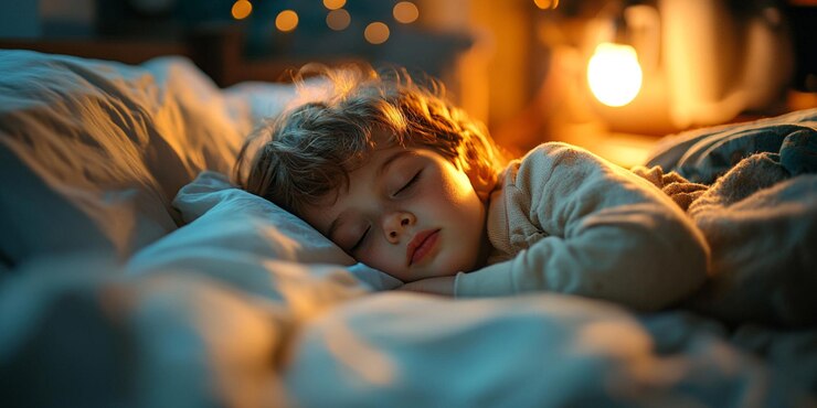 un niño pequeño está durmiendo en una cama con un árbol de Navidad en el fondo