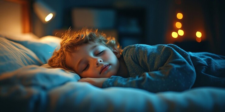 un niño pequeño está durmiendo en una cama con una manta azul