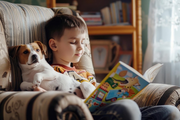 Un niño pequeño está sentado en un sofá y leyendo un libro a su lindo cachorro