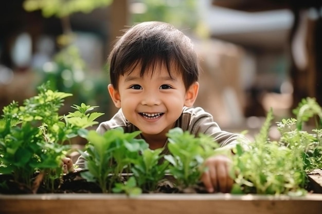 un niño pequeño está sonriendo y mirando una caja de verduras