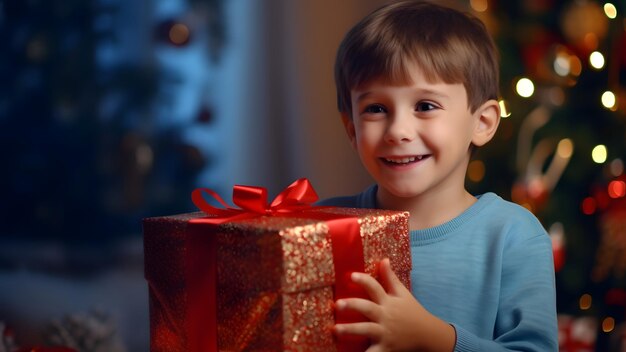 un niño pequeño está sosteniendo un regalo con un lazo rojo